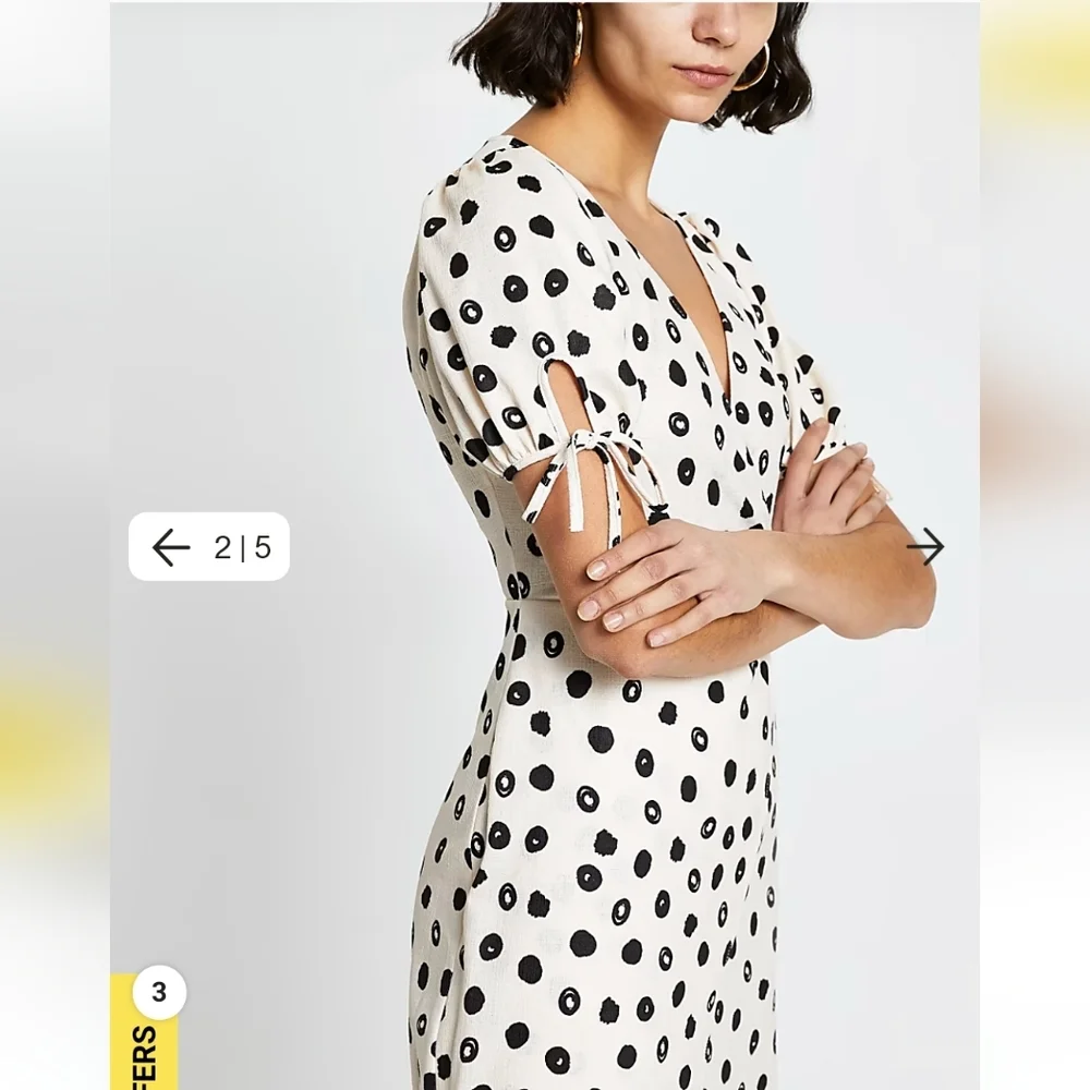 River Island CREAM ASYMMETRIC WRAP MIDI SPOT PRINT DRESS - Picture 2 of 7